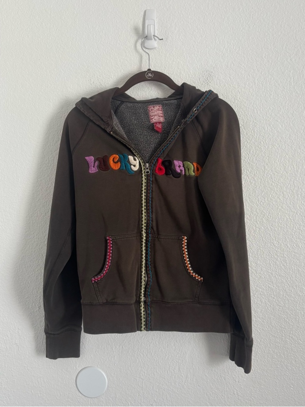 Lucky Brand Women's Size Medium Brown Y2K Full Zip Hoodie w/Colorful Embroidery